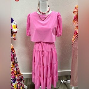 Light Pink Overlay Tie Belt Midi Dress